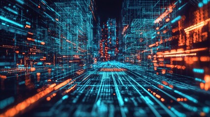 Abstract Digital Data Grid with Blue and Orange Lights