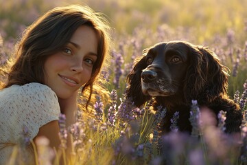 A joyful woman enjoys a serene moment in a lavender field with her loyal black dog, surrounded by vibrant flowers under a warm sunlight.