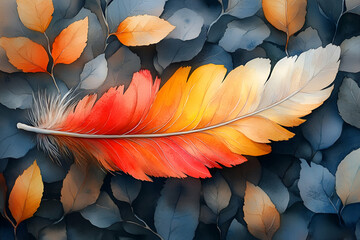 A vibrant feather in hues of orange, red, and yellow rests atop a backdrop of dark leaves, creating a striking contrast in this artistic image.