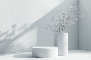 Poster - Minimalist White Podium with Branch and Shadow