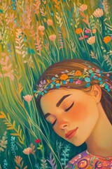 Girl Sleeping in Wildflowers: A Serene Meadow Nap