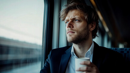 Thoughtful man sipping coffee while gazing out train window