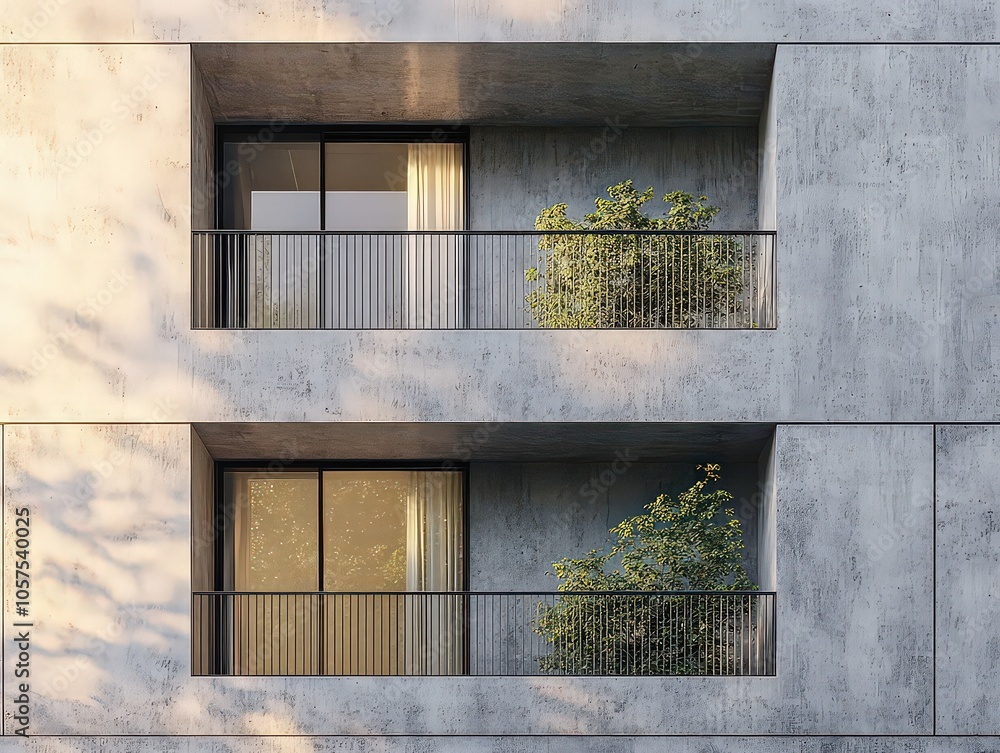 Modern concrete facade with recessed balconies featuring minimalist ...