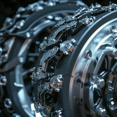 The image showcases a close-up view of multiple interlocking metallic gears with a high level of detail, featuring sprockets, bolts, and mechanical links that create an impression of advanced engineer