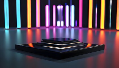 Sleek Black Metallic Podium with colourful background 