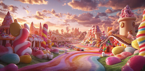 whimsical candy land with colorful hills and sweet treats creates joyful atmosphere