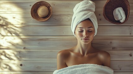 A woman is laying on a wooden surface with a towel wrapped around her head