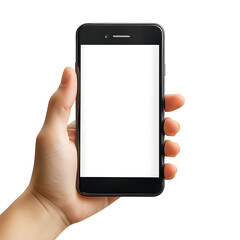 Poster - Hand holding mobile phone finger clicking on blank screen mock up tapping ok on display isolated on white background