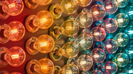 Aufkleber - A colorful pattern of shining light bulbs, arranged in a repetitive and energetic design. Close-up photo with clean background