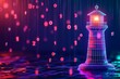 © Abul - A glowing wireframe lighthouse stands tall against a backdrop of digital rain, symbolizing guidance and security in the digital age.
