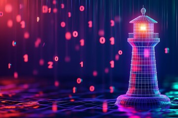 A glowing wireframe lighthouse stands tall against a backdrop of digital rain, symbolizing guidance and security in the digital age.