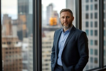 Businessman in office with cityscape view, confident pose.