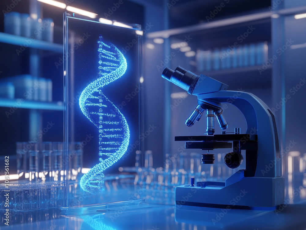 Science Lab Strands futuristic biology lab featuring microscope and holographic DNA strand ...