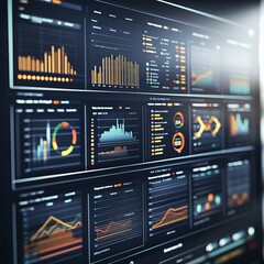 Analytics dashboard screen with data graphs, featuring a UI graphic panel with statistical infographics, business charts, and a calendar in a digital web interface