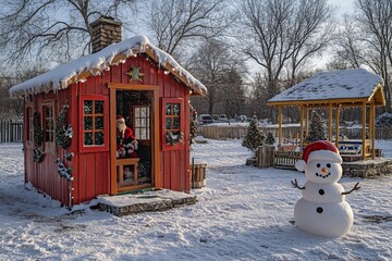 Outdoor Christmas display featuring Santa, a cheerful snowman, and a colorful children's playhouse, creating a festive winter wonderland.