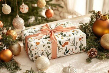 Wall Mural - Wrapped gift box adorned with floral patterns amidst festive decorations in a cozy holiday setting