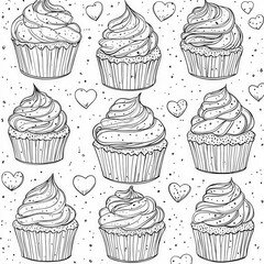 Wall Mural - A baking day with cupcakes and sprinkles, coloring page for kids, simple outline illustration. Coloring book, simple lines.