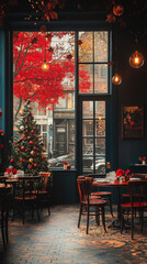 Sticker - A cozy cafe interior adorned with festive decorations, featuring a beautifully decorated Christmas tree, twinkling fairy lights, and holiday-themed table settings