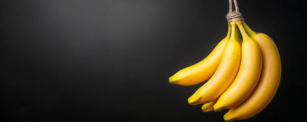 Wall Mural - Bunch of ripe yellow bananas hanging on a rope against dark background, fresh tropical fruit display concept