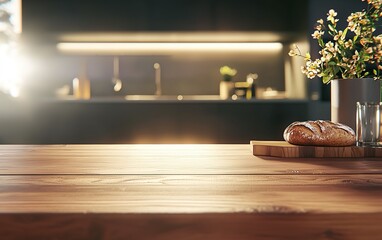 Freshly baked bread on a wooden table with a vase of flowers in a modern kitchen during morning light