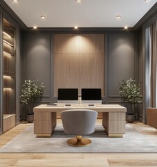 A modern office with a desk and two computer monitors. A chair is in front of the desk