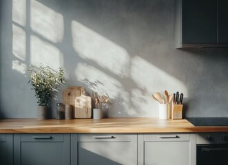 A kitchen counter with a wooden surface and a few items on it. There are two vases, one on the left and one on the right