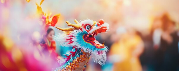 Colorful dragon dance in festive blur, symbol of Chinese culture