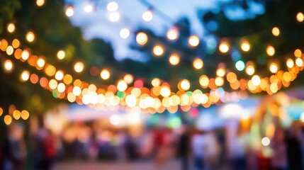 Blurred festival lights create an abstract cream background evoking a dreamy atmosphere of outdoor celebrations and bokeh effects