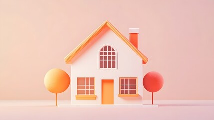 
3D style house icon, bright peach and orange colors, white background, simple design, poster