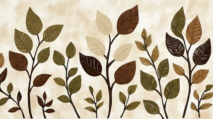 Wall Mural - Decorative arrangement of leaves in various shades on a textured background creating a natural and organic atmosphere