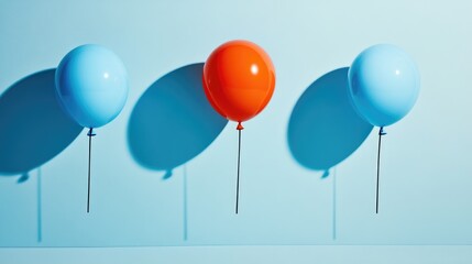 A striking orange balloon contrasts beautifully with blue balloons set against a soft blue backdrop ideal for festive occasions or gatherings