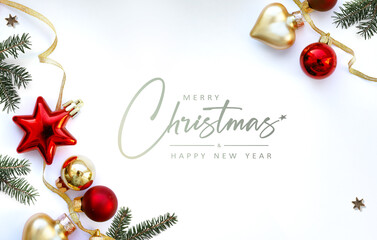 Wall Mural - christmas frame composition flatlay. spruce branches and christmas decorations on white background w