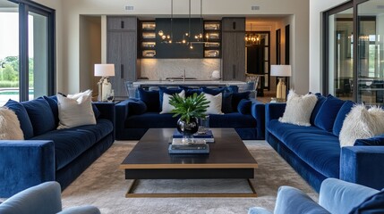 Contemporary living room decorated with blue furniture, minimalist decor, clean lines, and open, airy lighting.