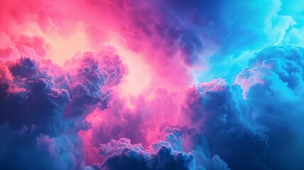 Poster - Vibrant neon pink and blue lights cast an ethereal glow over fluffy, billowing clouds, blending colors in the night sky. Close-up photo with clean background