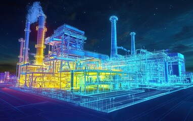 A vibrant digital representation of an industrial power plant with intricate details against a twilight sky