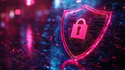 Wall Mural -  Neon pink digital shield with lock icon symbolizing cybersecurity, data encryption, & online privacy protection within virtual technology landscapes.