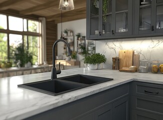 A black sink with a white countertop. A potted plant is on the counter. A bottle is on the counter