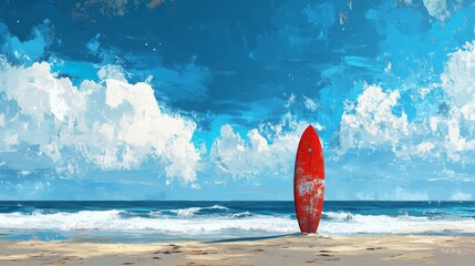 Wall Mural - Red Surfboard on a Pristine Beach