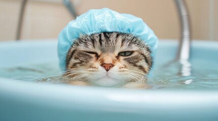 Humorous cat wearing a shower cap relaxes in a bathtub filled with water