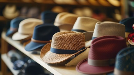 A variety of stylish hats in various designs and sizes is featured in the store s display