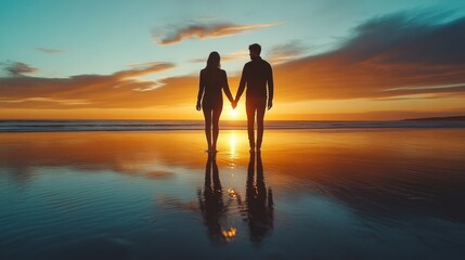 Wall Mural - Romantic Couple Holding Hands at Sunset