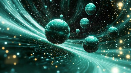 Poster - Ethereal Space with Floating Spheres and Light Trails