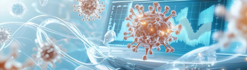 The image depicts a digital representation of viruses interacting with advanced technology highlighting the intersection of healthcare and digital innovation