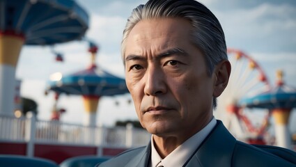 Mature Japanese Man in Amusement Park Setting