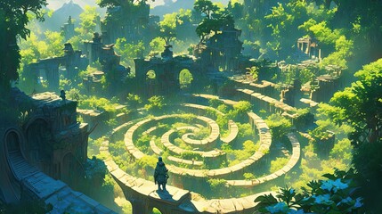 A lone figure stands atop a stone spiral in a lush overgrown jungle ruin