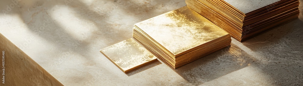 Stack of luxurious golden tiles with sunlight casting shadows, creating a warm and elegant atmosphere, perfect for interior design themes.