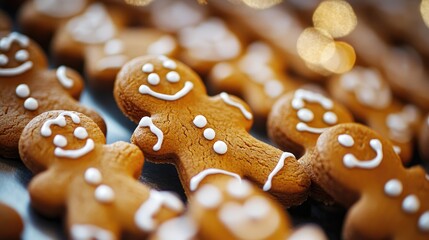 Close up of an assortment of gingerbread men cookies displayed on a surface showcasing delightful festive bakery offerings