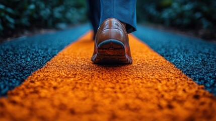 Stylish man’s shoes walking on center line of road, travel concept, adventure lifestyle, close-up, fashionable leather footwear, outdoor journey, focus on details