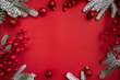 © petrrgoskov - Christmas and Happy New year 2025 with glitter decorations on red bright background. Holiday party decoration . Christmas celebration, holiday card