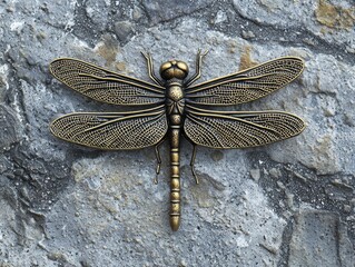 Bronze dragonfly sculpture on textured stone background, showcasing detailed artistry and nature-inspired design.